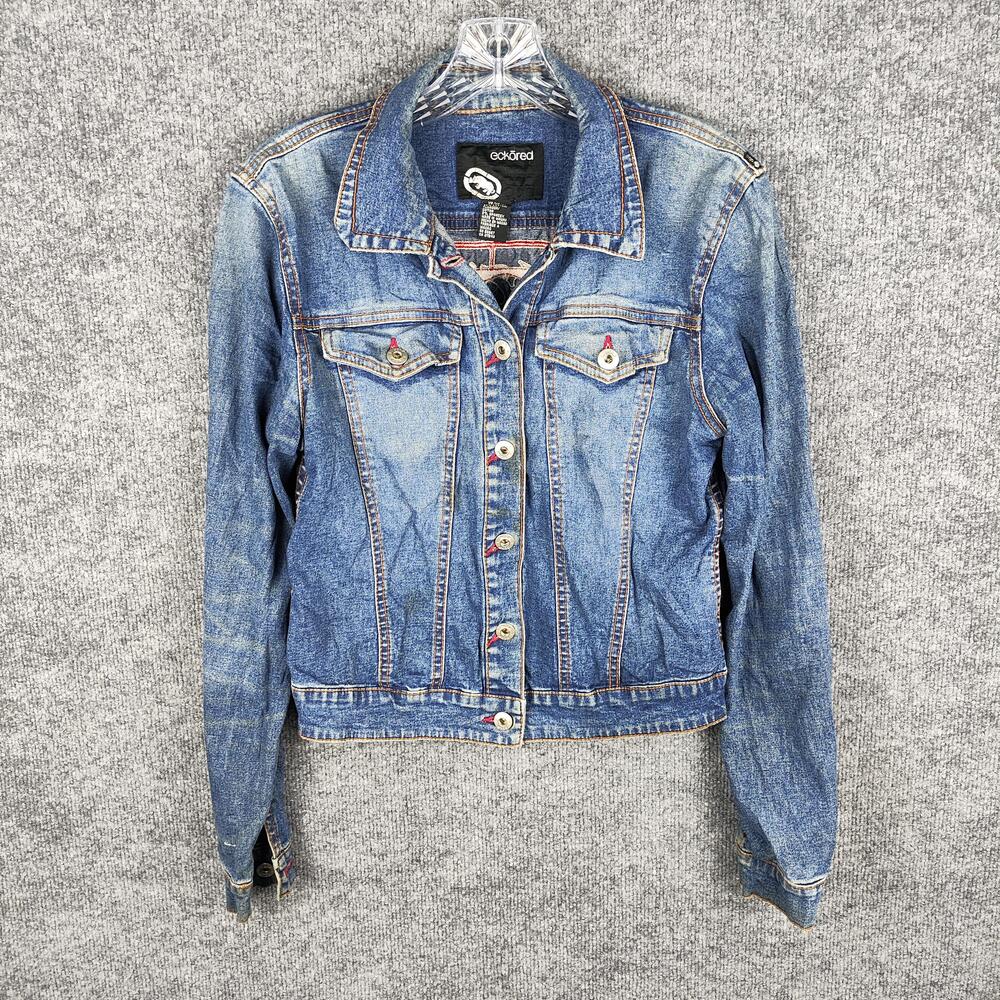 Ecko Red Denim Jacket Womens XS Blue Hip Hop Trucker Embroidered Logo Jean